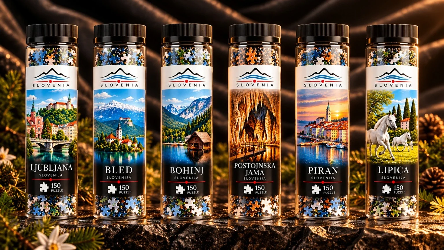 Šest stekleničk sestavljank z motivi Slovenije